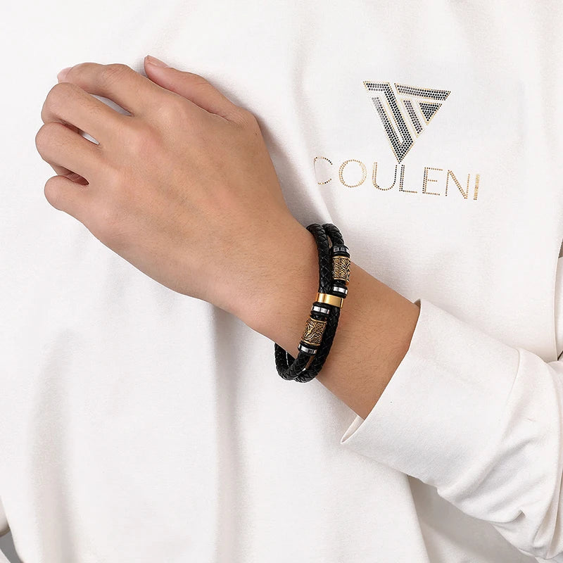 Pulsera Negra de Cuero Mitología Vikinga oro 1