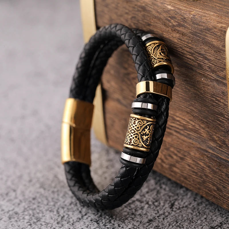 Pulsera Negra de Cuero Mitología Vikinga oro2