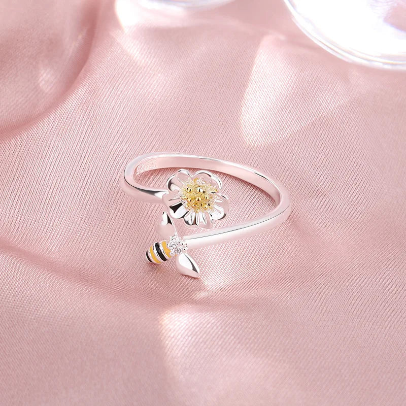 Anillo ajustable abeja y flor