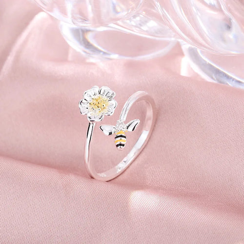 Anillo ajustable abeja y flor