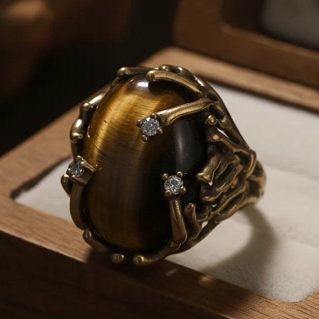 Anillo ajustable dorado y piedra de ojo de tigre estilo vintage