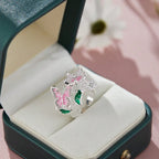 Anillo ajustable flor de cerezo y mariposa plata