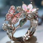 Anillo ajustable flor de cerezo y mariposa plata