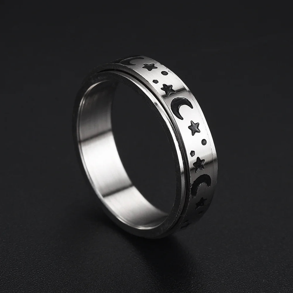 Anillo anillo anti-estrés giratorio Estrellas y Lunas plata
