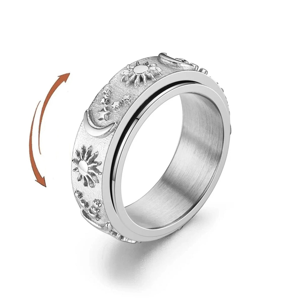 Anillo Anti-Estrés Giratorio Luna y Sol plata
