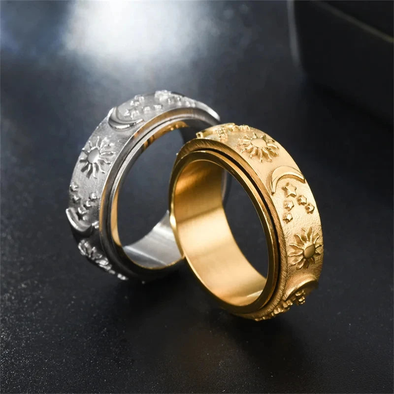 Anillo Anti-Estrés Giratorio Luna y Sol plata
