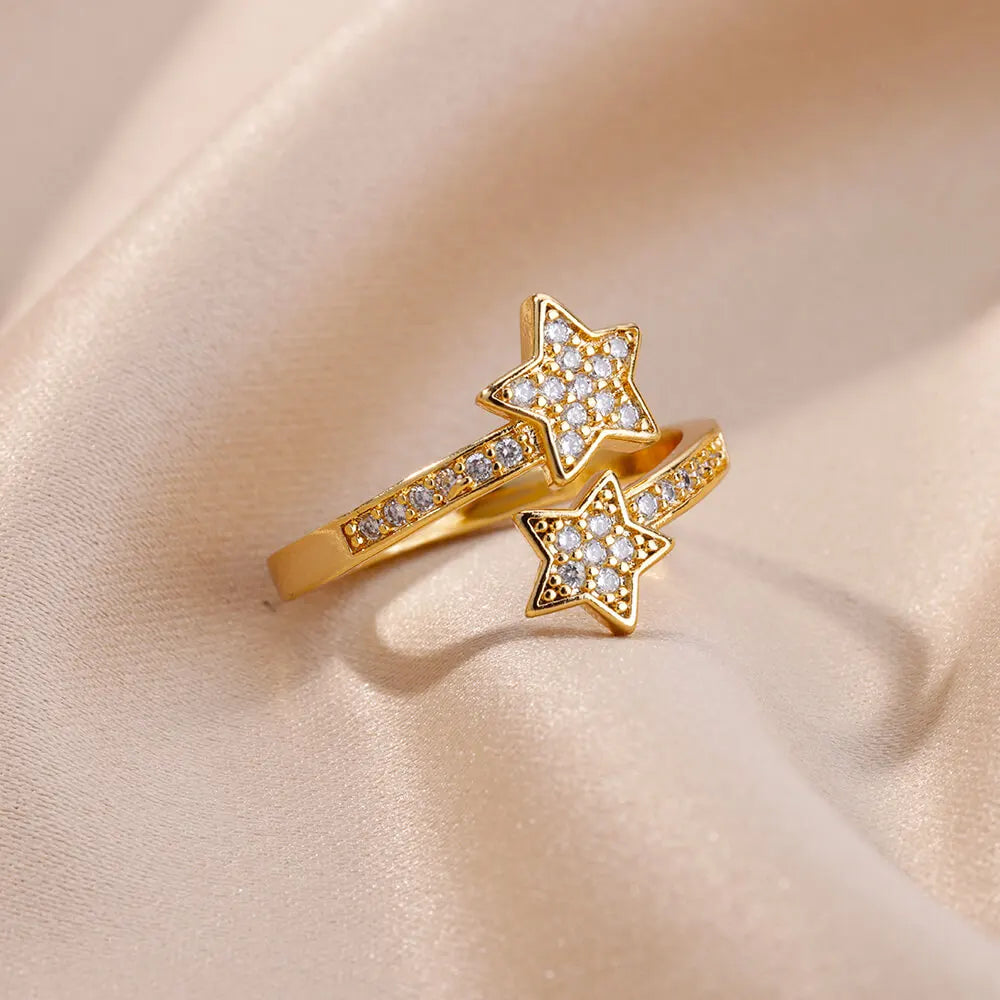 Anillo Doble Estrellas en Circonio oro