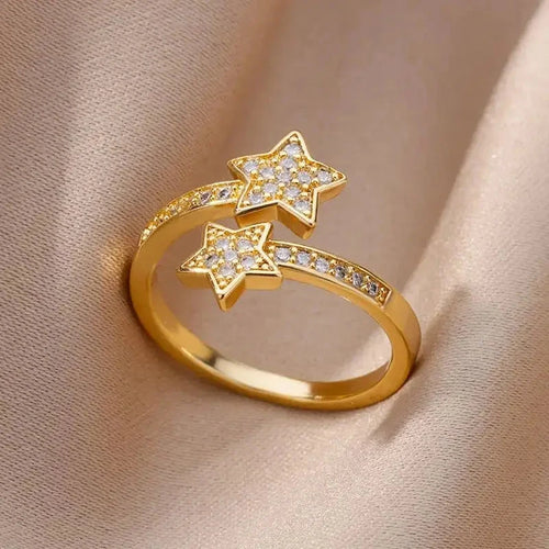 Anillo Doble Estrellas en Circonio oro