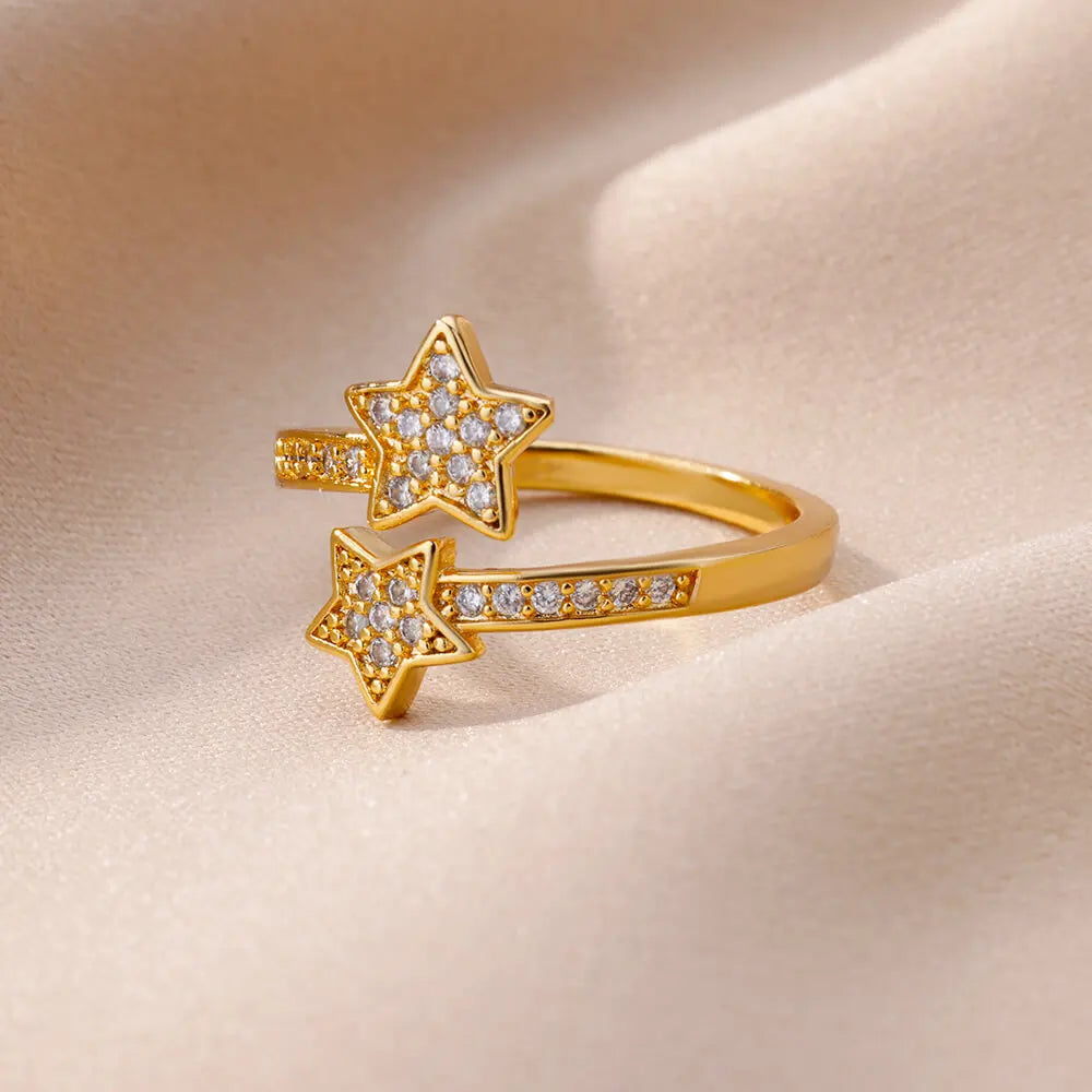 Anillo Doble Estrellas en Circonio oro