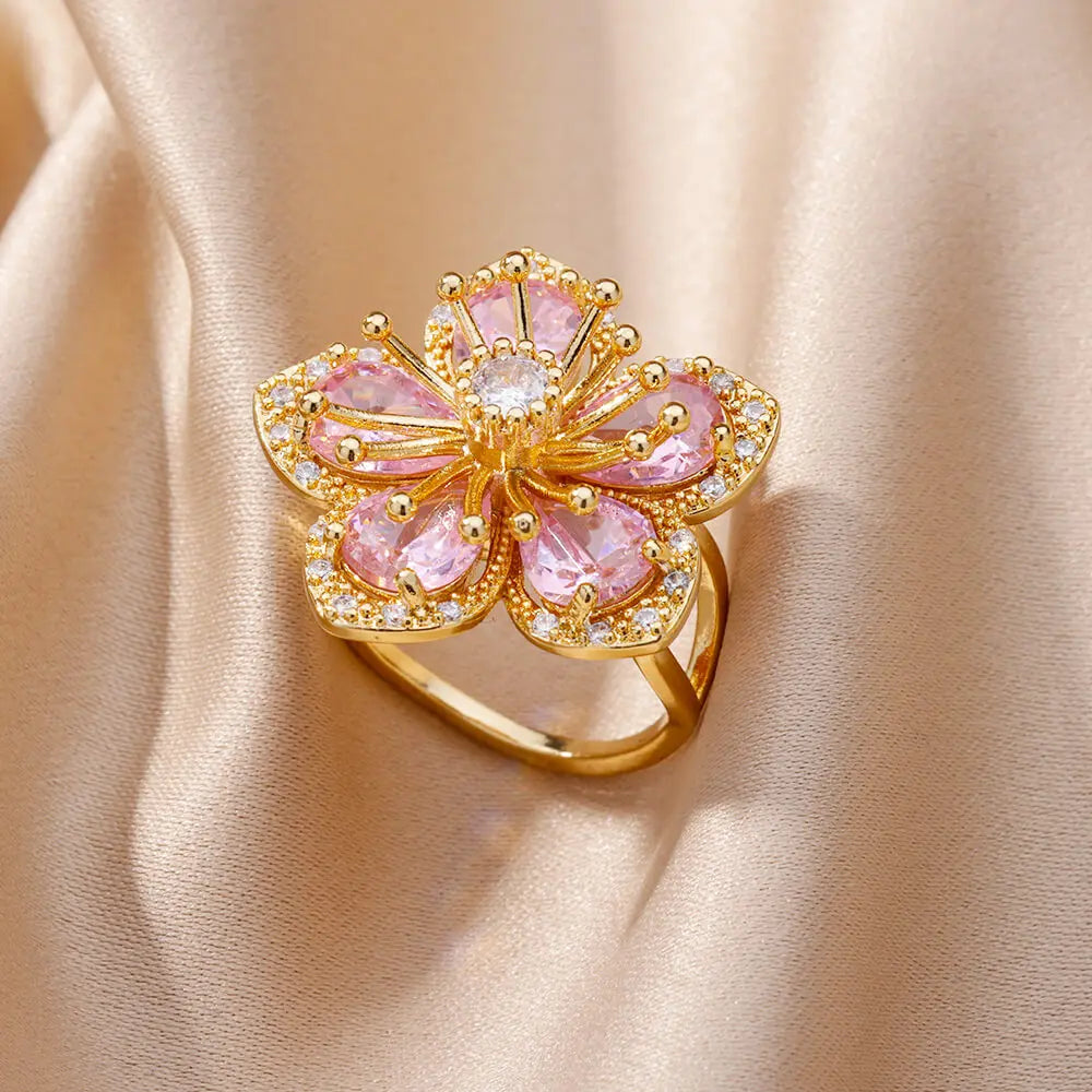 Anillo Flor de 5 Pétalos en Circonio rosa