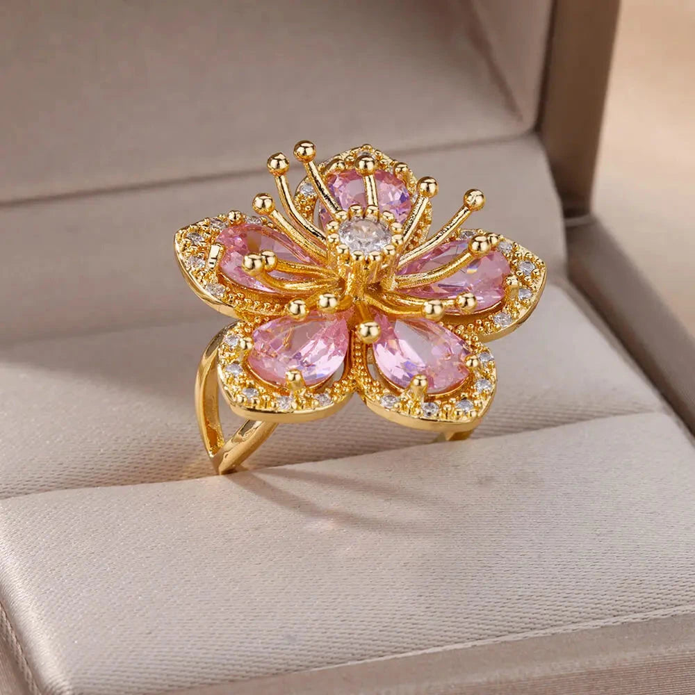 Anillo Flor de 5 Pétalos en Circonio rosa