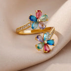 Anillo de flores de colores en circonio oro
