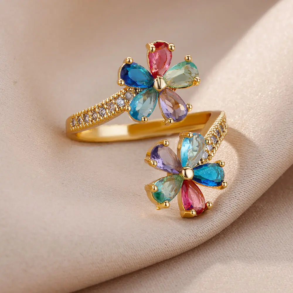 Anillo de flores de colores en circonio oro