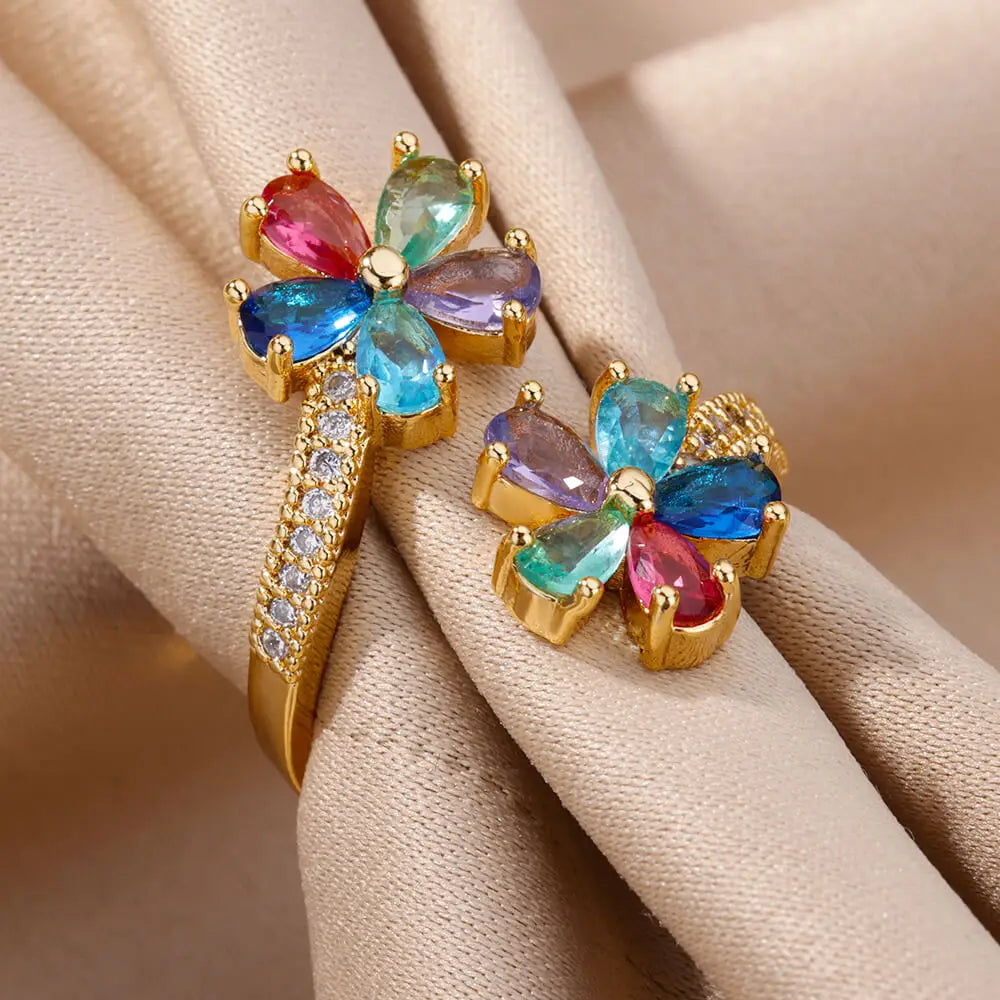 Anillo de flores de colores en circonio oro