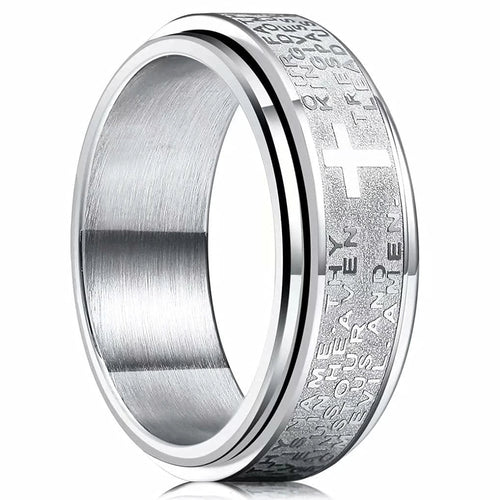 Anillo antiestrés giratorio con cruz cristiana plateado