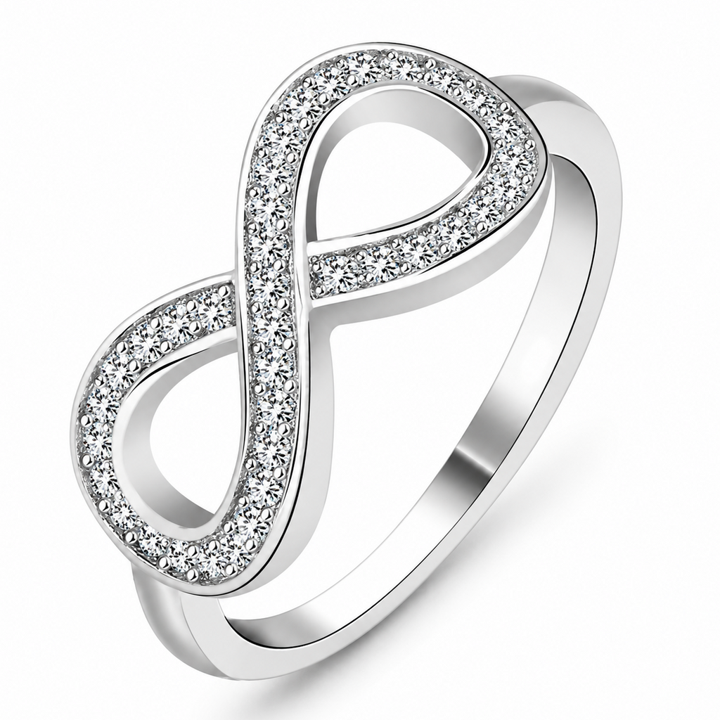 Anillo de diseño gráfico con símbolo infinito adornado con cristales