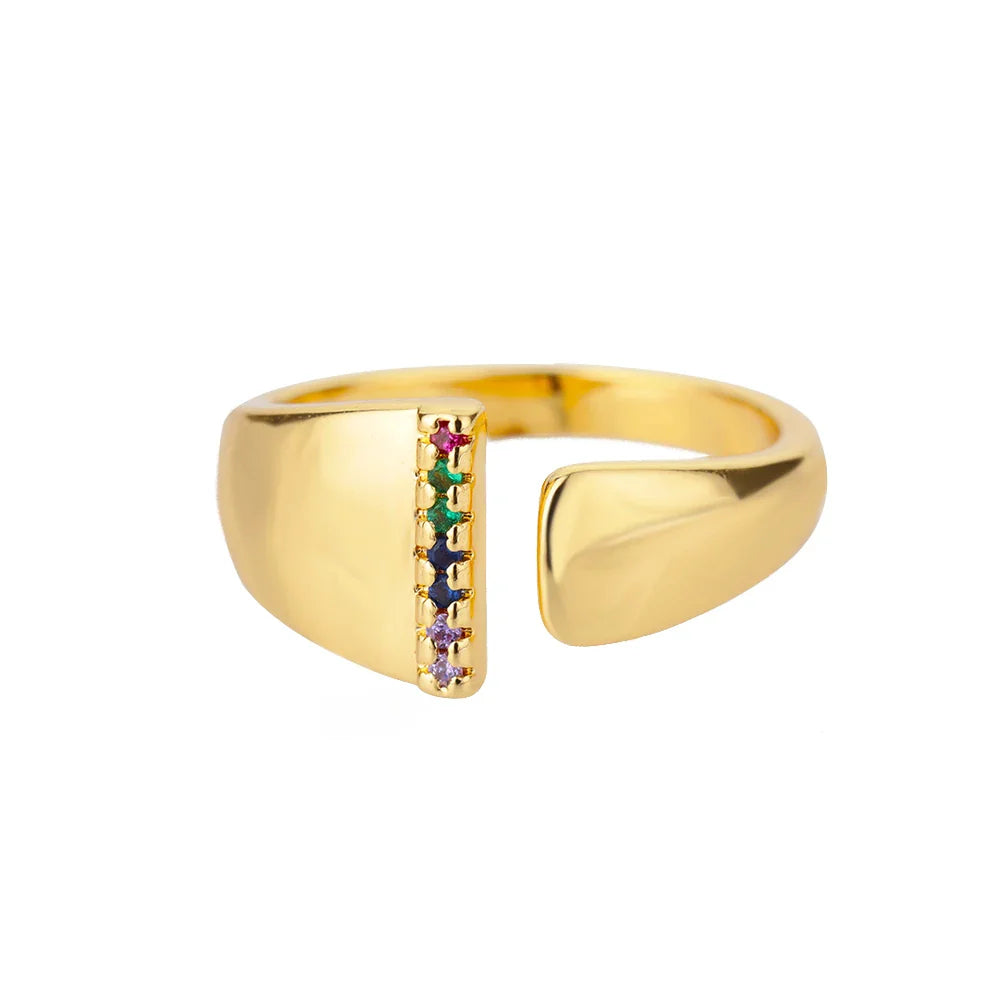 Anillo ancho personalizado con inicial arcoíris i
