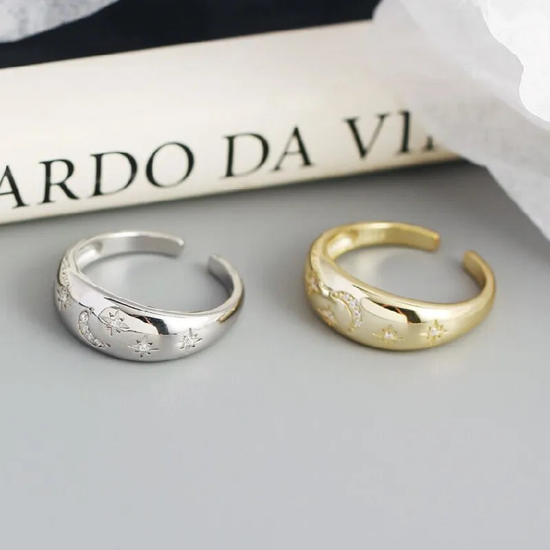Bague bombée "constellation" croissant de lune et étoiles lot de 2 pièces