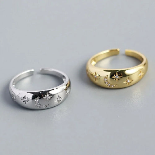 Domed "constellation" ring crescent moon and stars set of 2 pieces