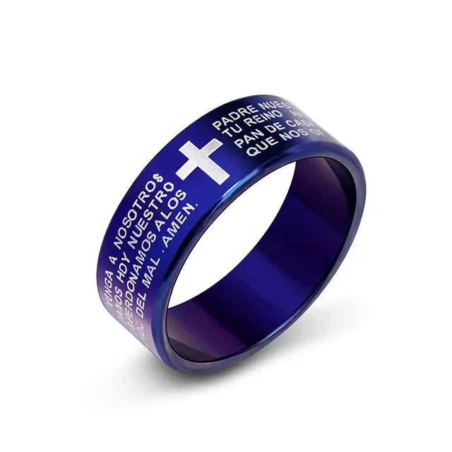 Anillo de oración cruz protectora azul
