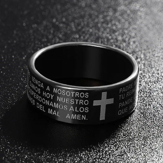 Anillo de oración cruz protectora negro