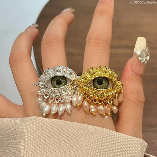 Anillo de Protección con Ojo Azul y Perlas doradas