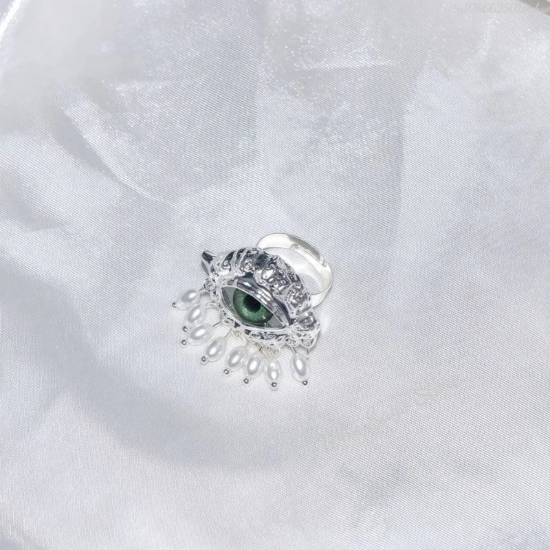 Anillo de Protección con Ojo Azul y Perlas plateadas