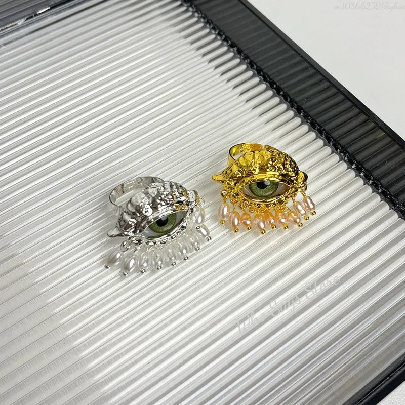 Anillo de Protección con Ojo Azul y Perlas doradas