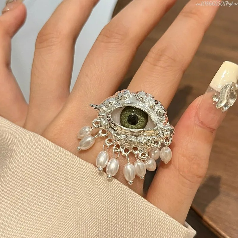 Anillo de Protección con Ojo Azul y Perlas plateadas