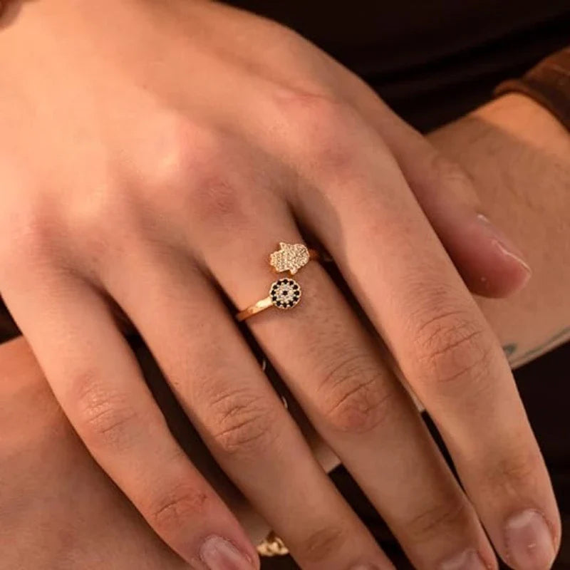 Anillo de protección para mujer con mano de Fátima árabe oro azul