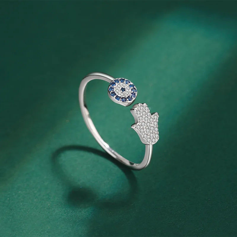 Anillo de protección para mujer con mano de Fátima árabe plata azul