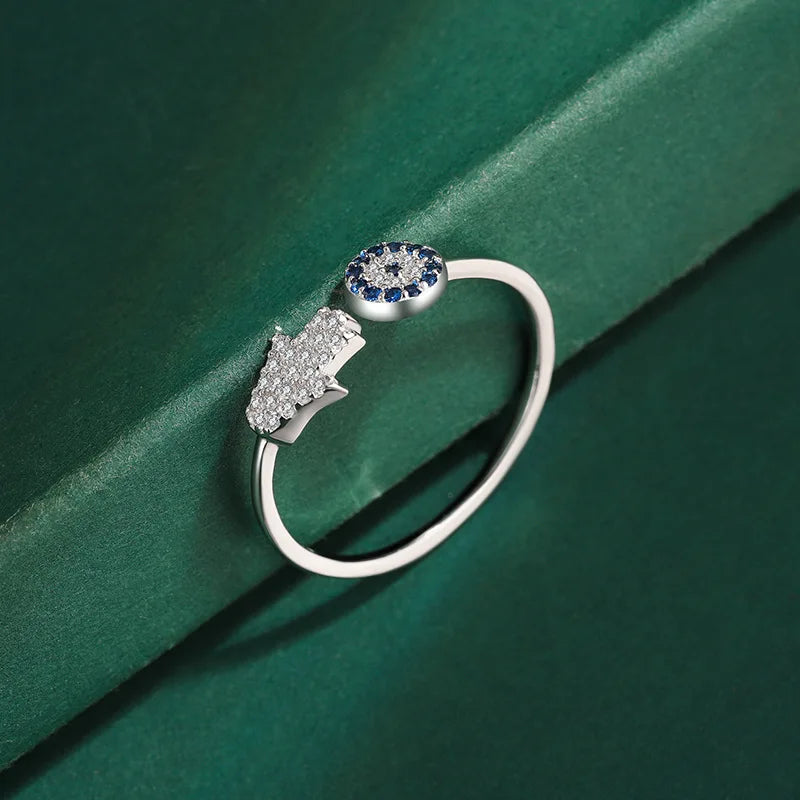 Anillo de protección para mujer con mano de Fátima árabe plata azul