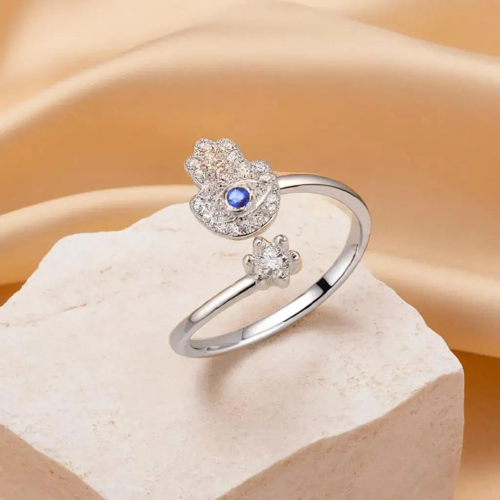 Anillo de protección para mujer con mano de Fátima árabe plata