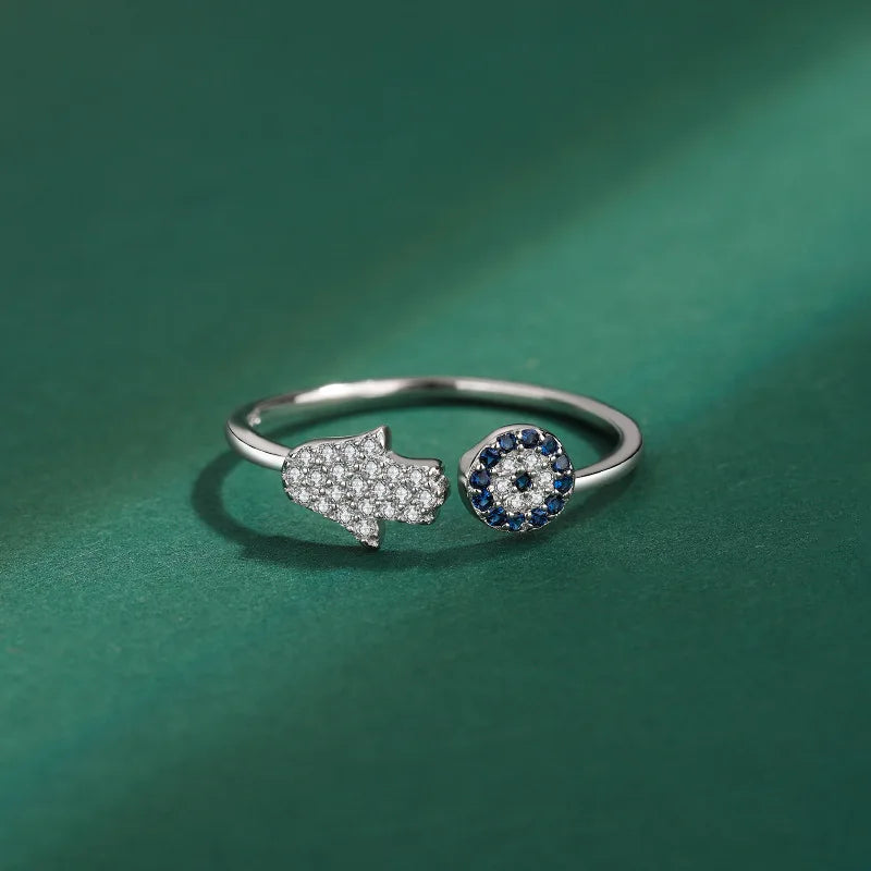 Anillo de protección para mujer con mano de Fátima árabe plata azul