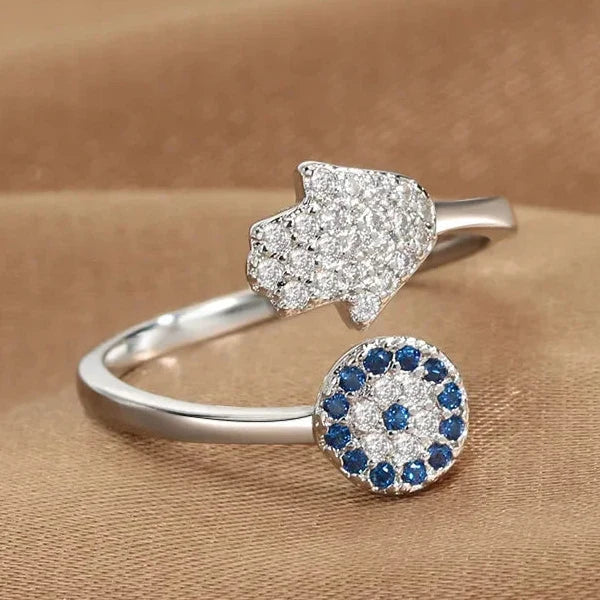 Anillo de protección para mujer con mano de Fátima árabe plata azul