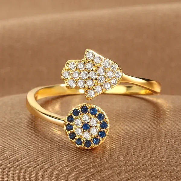 Anillo de protección para mujer con mano de Fátima árabe oro azul