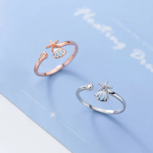 Anillo Conchas Estrella de Mar y Concha de Vieira y Circonio oro rosa