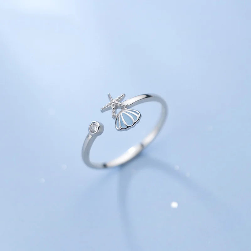 Anillo Conchas Estrella de Mar y Concha de Vieira y Circonio plata