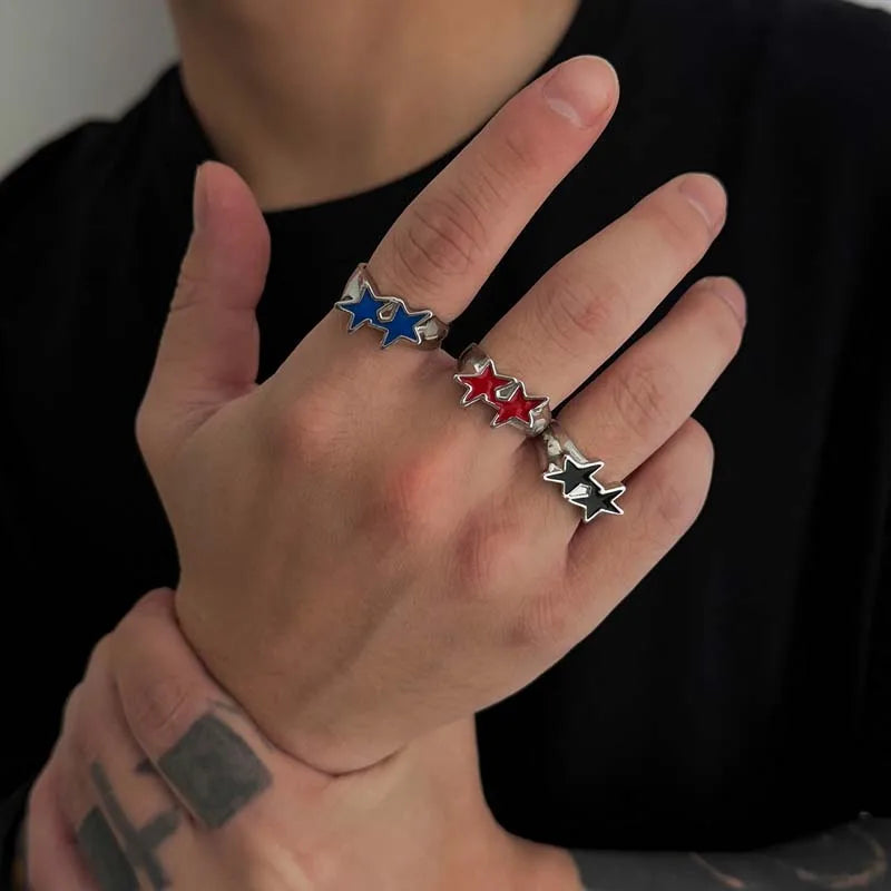Anillo abierto de estrellas gemelas estilo streetwear retro azul