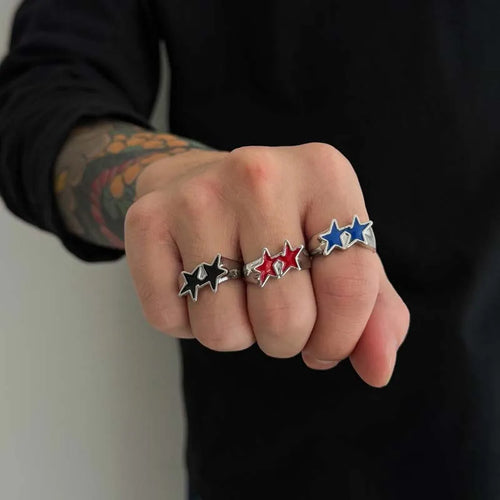 Retro streetwear style twin stars open ring red