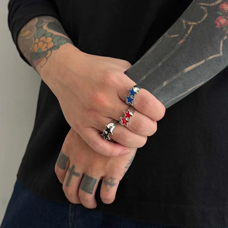 Anillo abierto de estrellas gemelas estilo streetwear retro