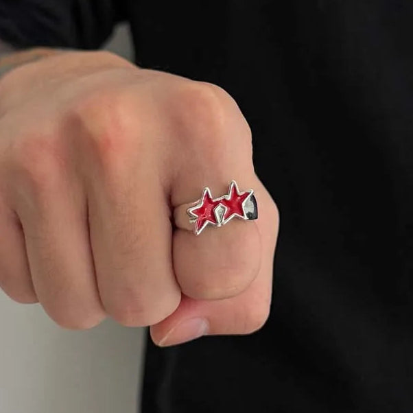 Anillo abierto de estrellas gemelas estilo streetwear retro rojo