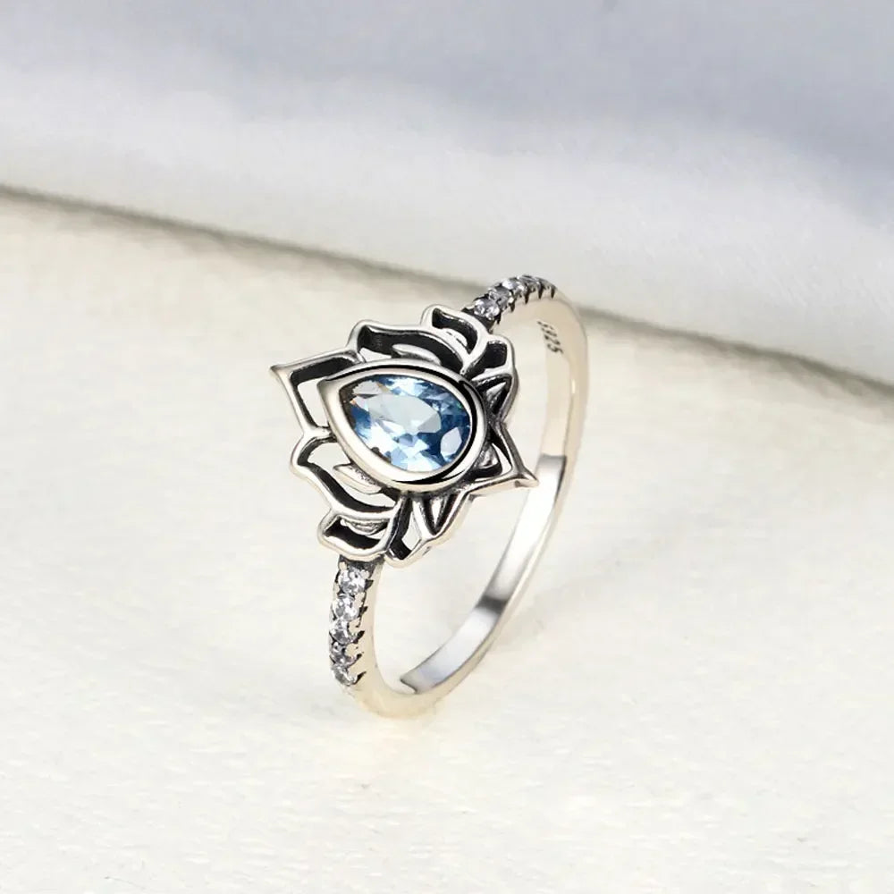Anillo Flor de Loto Plateado Mujer azul