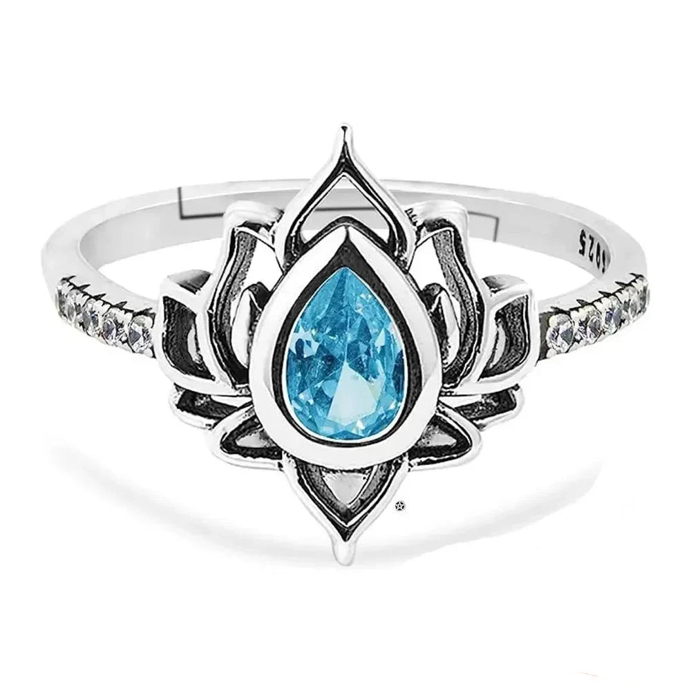 Anillo Flor de Loto Plateado Mujer azul