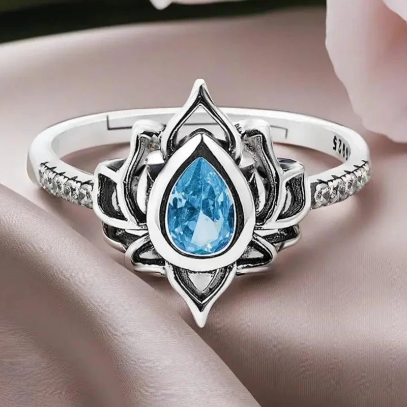 Anillo Flor de Loto Plateado Mujer azul
