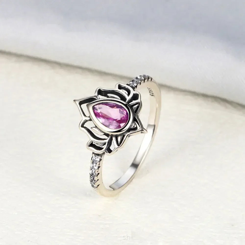 Anillo Flor de Loto Plateado Mujer rosa