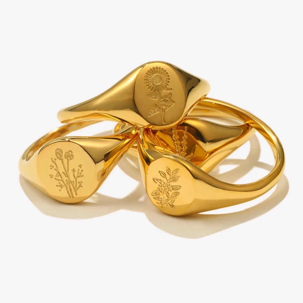 Anillo flor silvestre grabado hoja de té