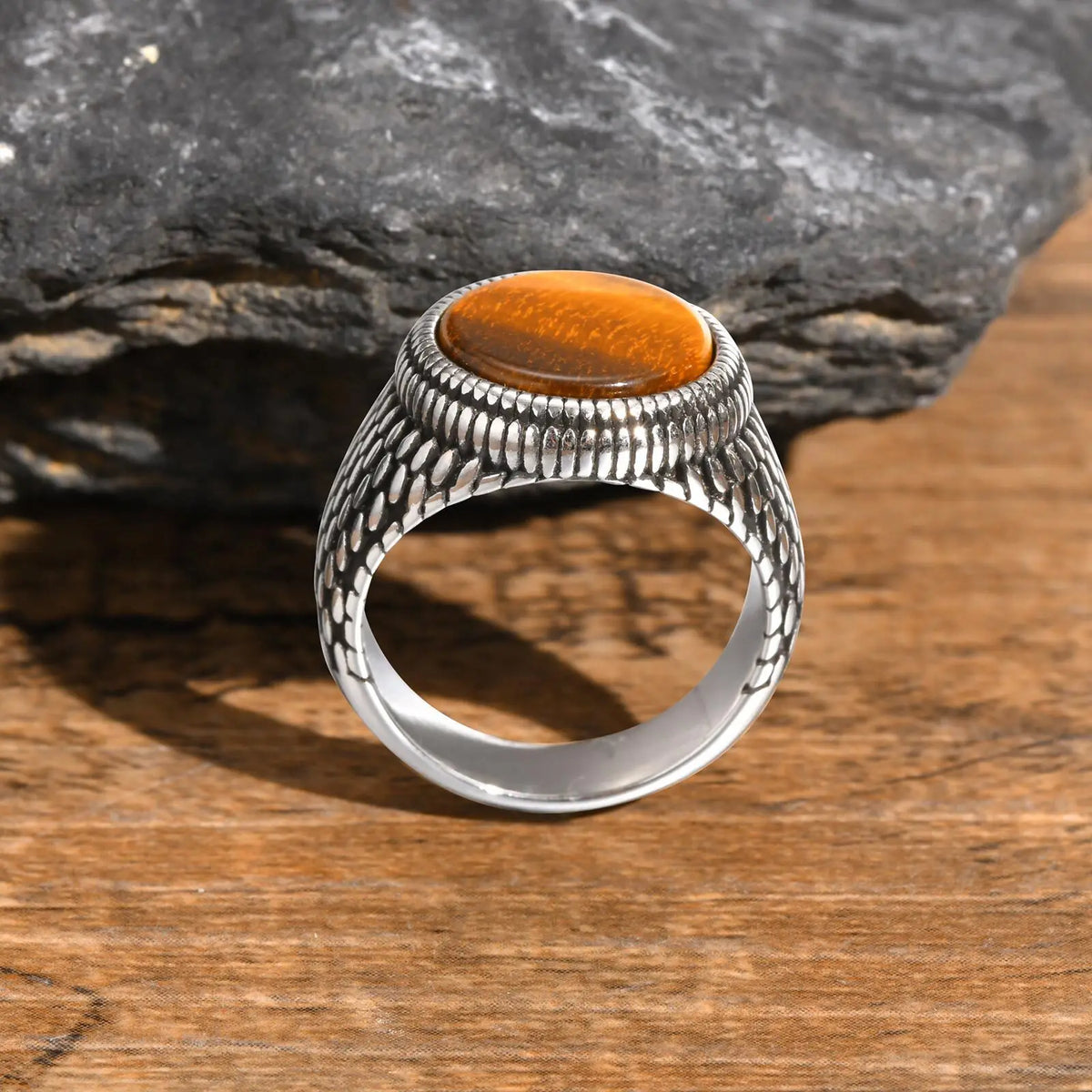 Men's textured ring and tiger's eye stone