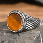 Men's textured ring and tiger's eye stone