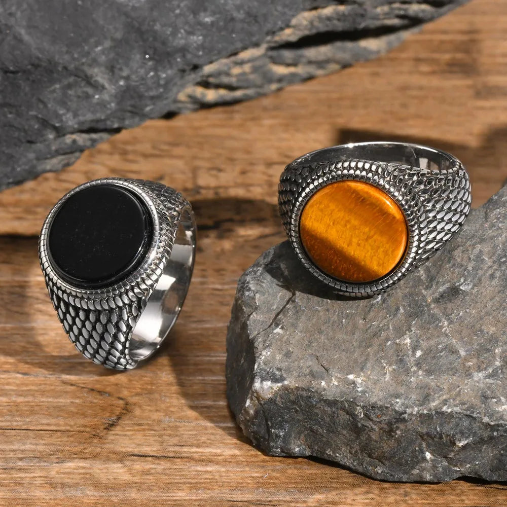 Men's textured ring and tiger's eye stone